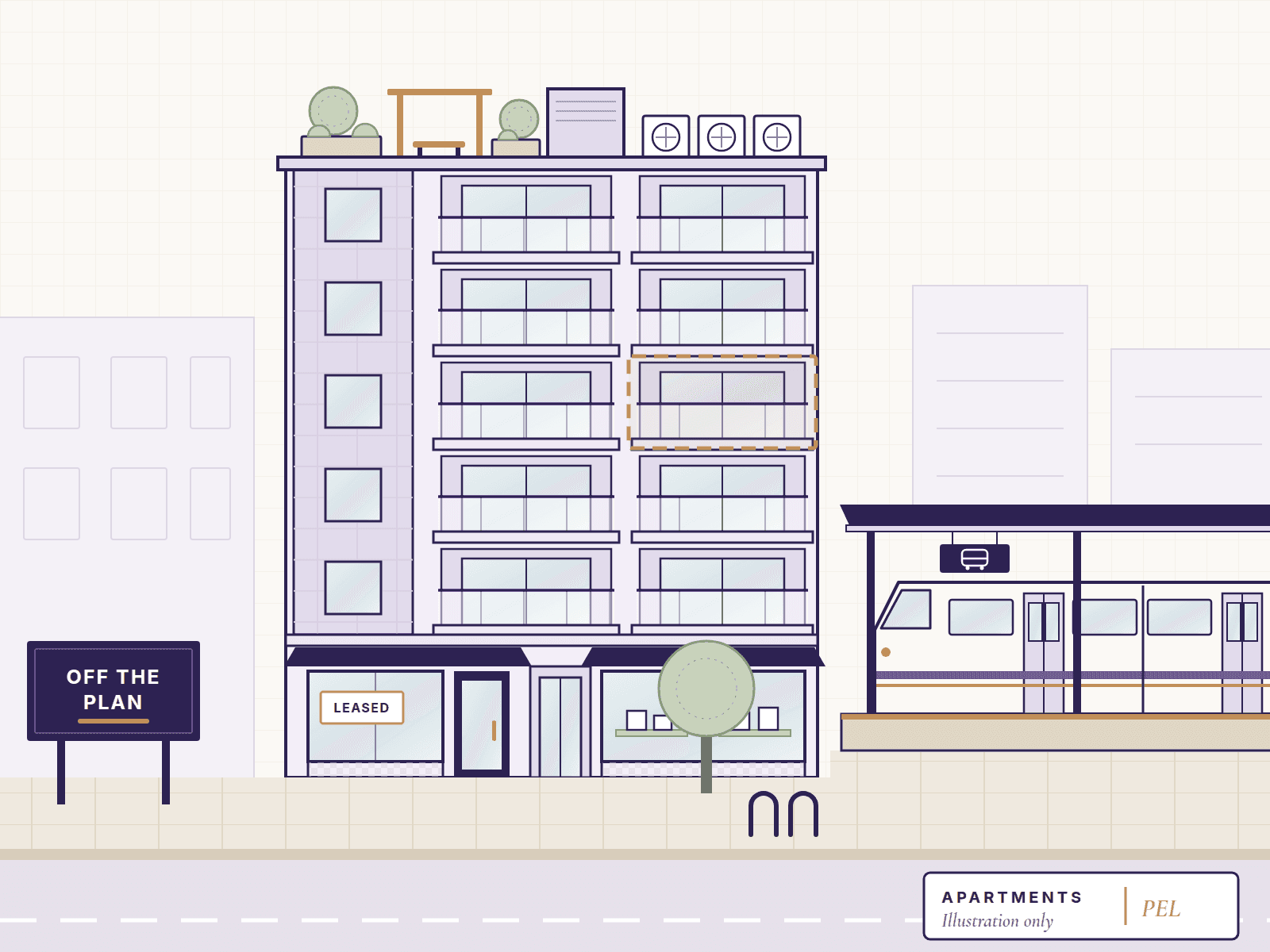 Illustration of an apartment building beside a railway station, with shops, balconies, a roof garden and an off-the-plan sales board