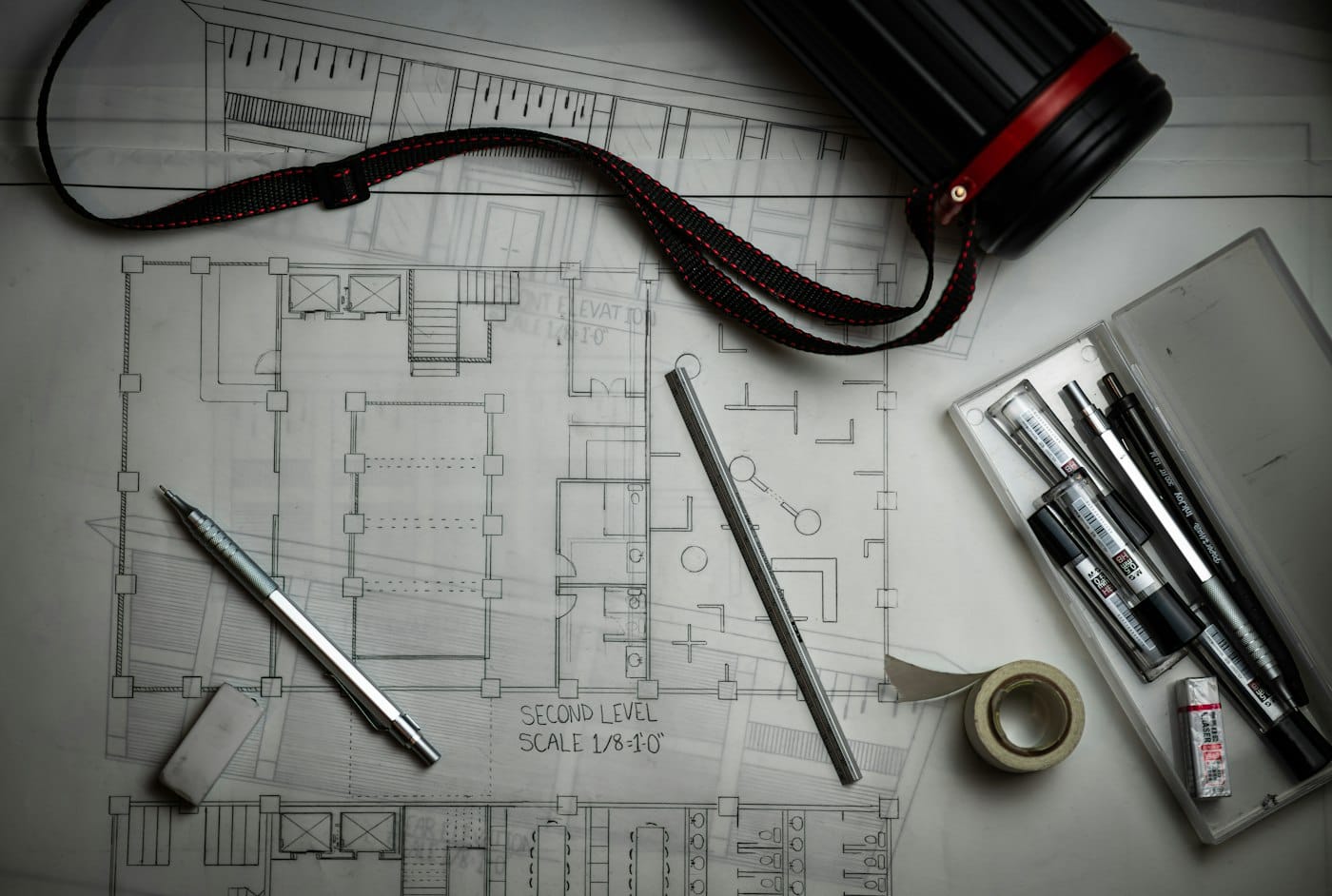 Architectural floor plans with drafting pencils and a scale rule