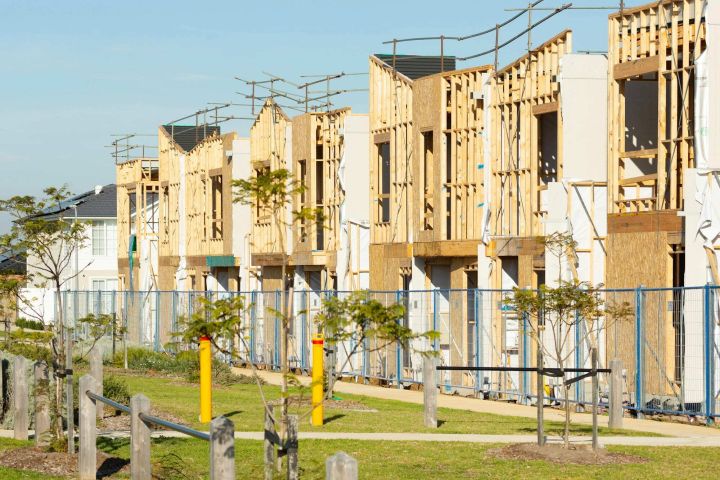 Clyde north townhouse frames Row of new townhouses in timber framing on a housing estate in Clyde North, Victoria