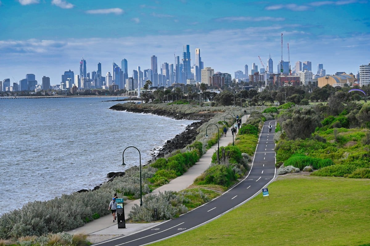 Bay Trail cycling path at Point Ormond, Elwood, with the Melbourne skyline beyond