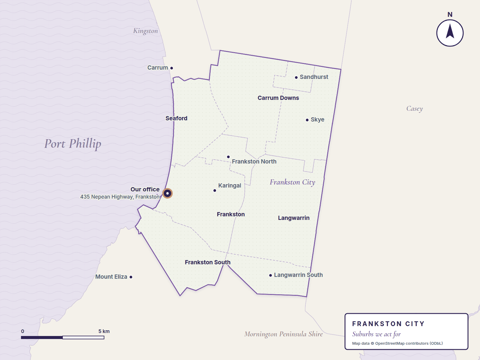 Map of Frankston City showing Frankston, Frankston South, Seaford, Carrum Downs, Langwarrin and our office