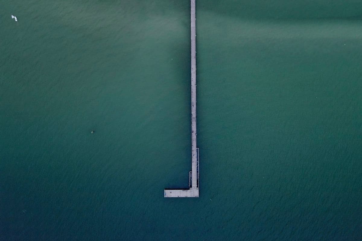 Aerial view of Frankston Pier reaching into Port Phillip Bay