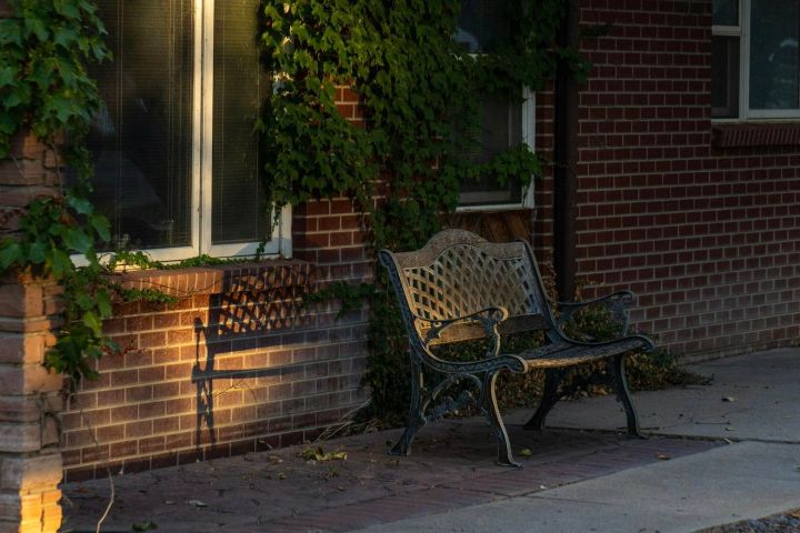 Garden bench brick patio Empty iron garden bench on a brick patio beside an ivy-covered house in late afternoon light