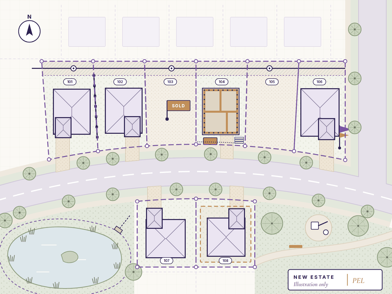 Illustrated site plan of a new housing estate street with lots, a sold vacant lot, an easement, a house under construction and a retarding basin