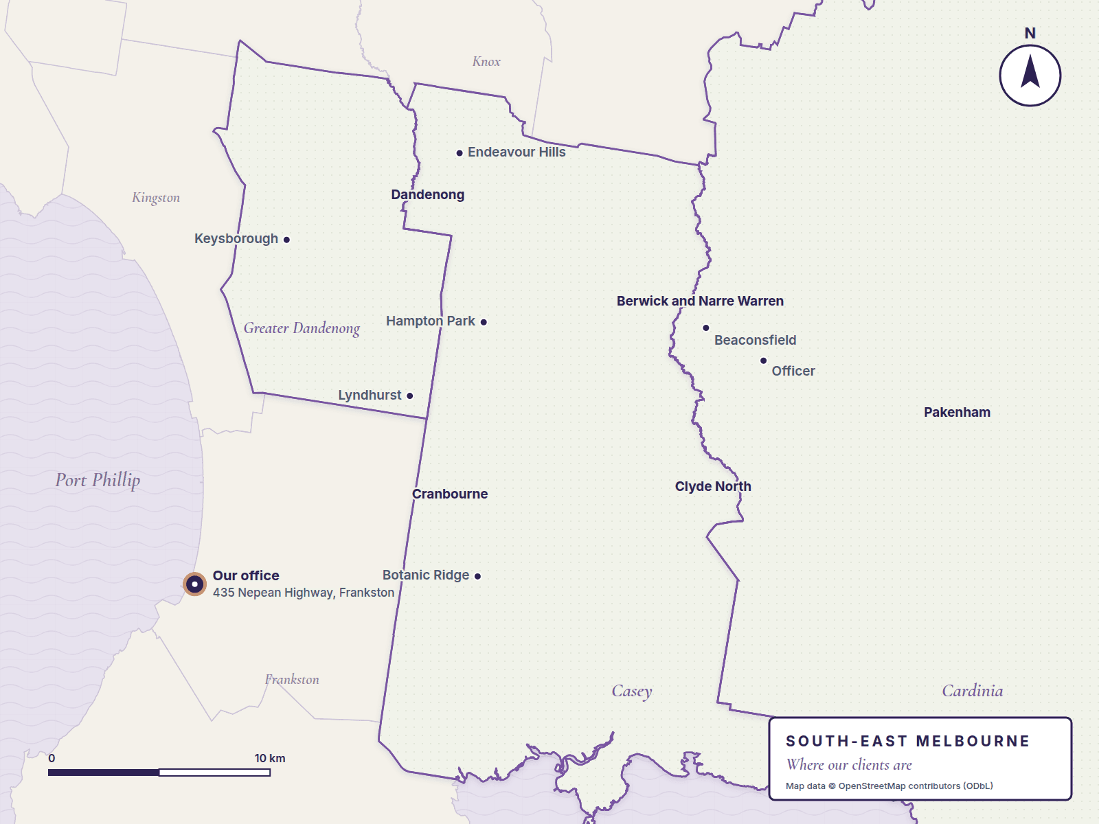 Map of south-east Melbourne showing Dandenong, Berwick and Narre Warren, Cranbourne, Clyde North, Pakenham and our office in Frankston