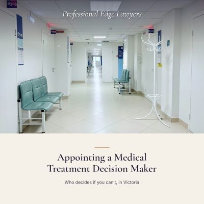 An empty, brightly lit hospital corridor with benches and doors, with the article title: Appointing a Medical Treatment Decision Maker