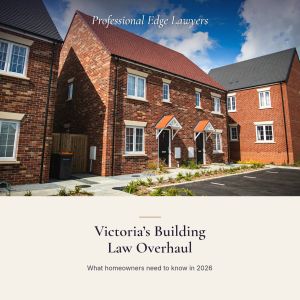 A row of new brick houses under a blue sky, with the article title: Victoria’s Building Law Overhaul
